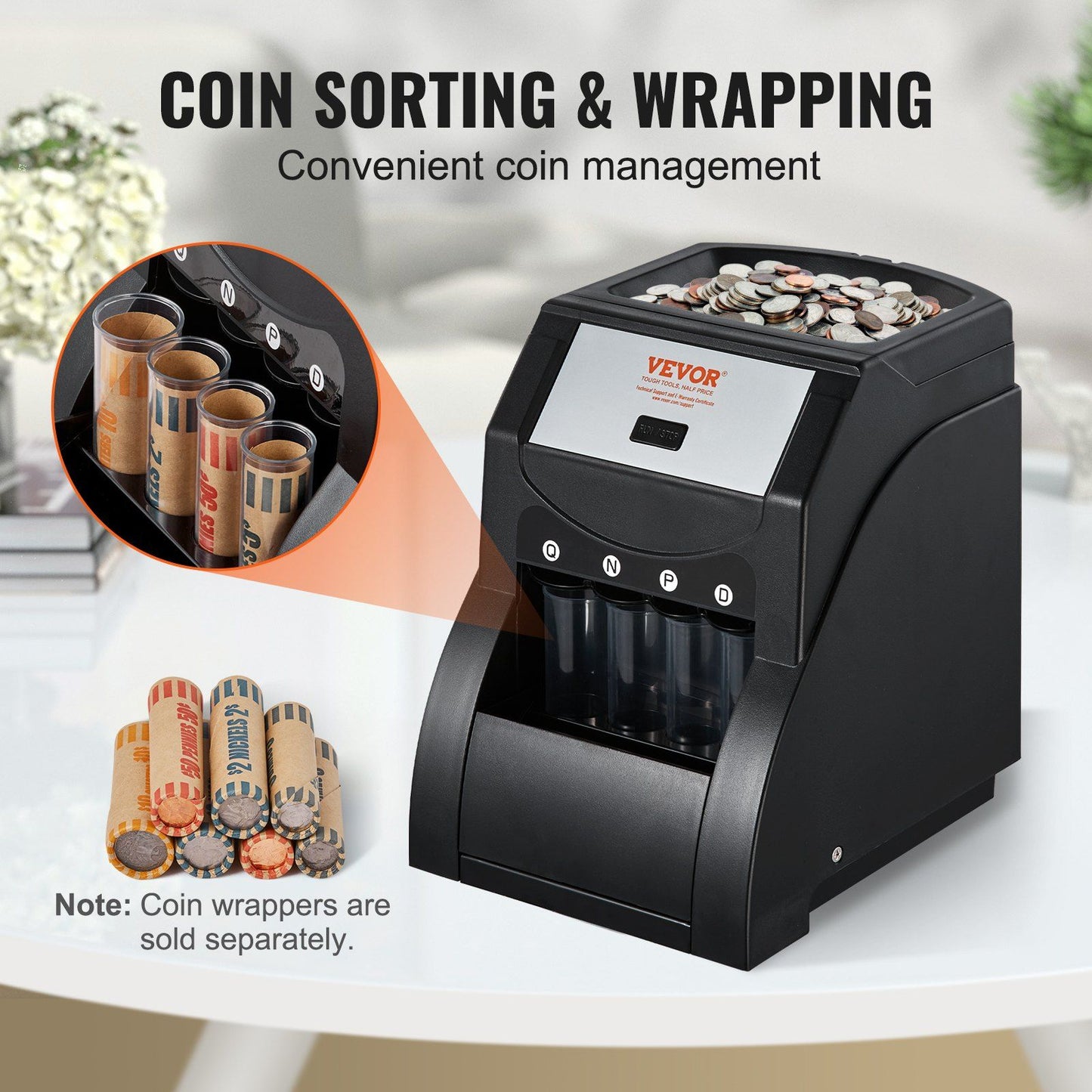 VEVOR USD Coin Sorter, Coin Sorter Machine for USD Coin 1¢ 5¢ 10¢ 25¢, Sorts up to 230 Coins/min, Coin Sorter and Wrapper Machine Holds 200 Coins Included 4 Coin Tubes, Black - Discount Msrp 