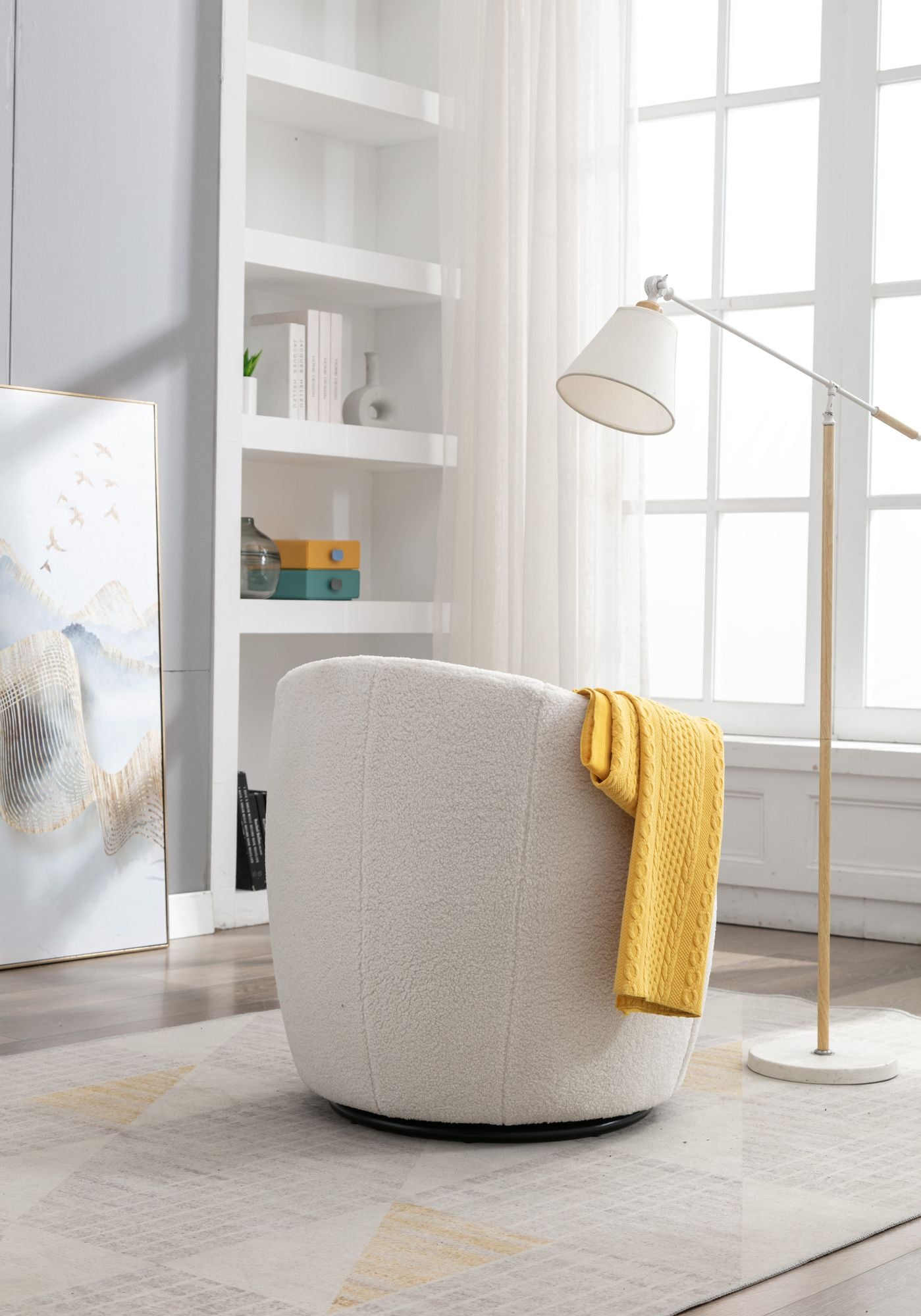 Teddy Fabric Swivel Accent Armchair Barrel Chair With Black Powder Coating Metal Ring,Ivory White - Discount Msrp 