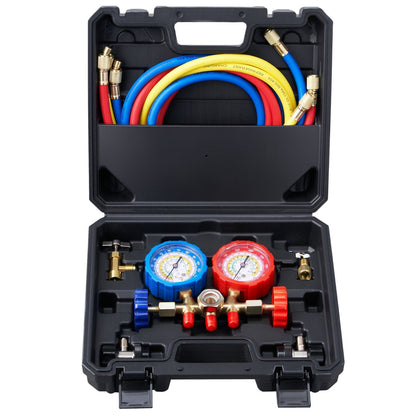VEVOR AC Gauge Set - 3 Way AC Manifold Gauge Set for R134A R22 R12 R502 Refrigerant, Freon Gauges with 5ft Hoses, Couplers, Can Tap Works on Car Auto Freon Charging and Evacuation - Discount Msrp 