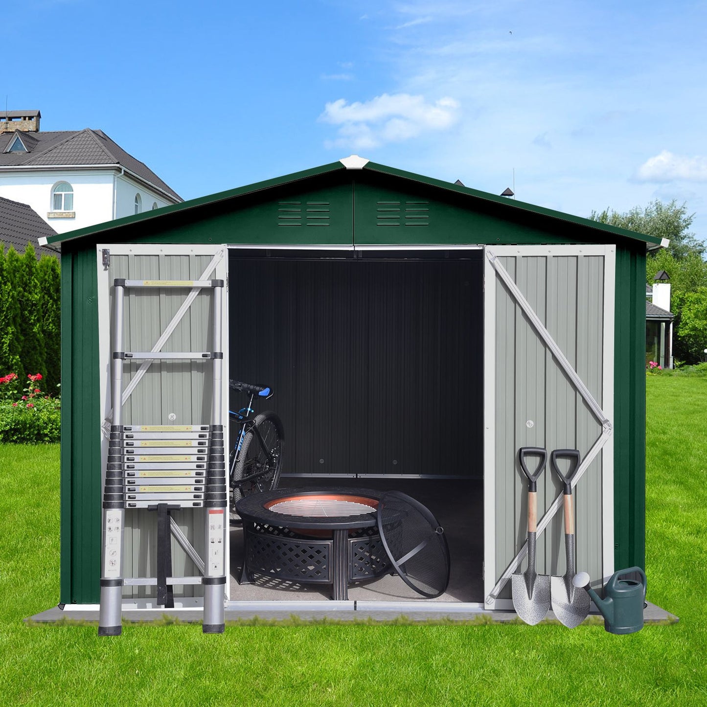 Metal garden sheds 10ft×8ft outdoor storage sheds Green + White - Discount Msrp 