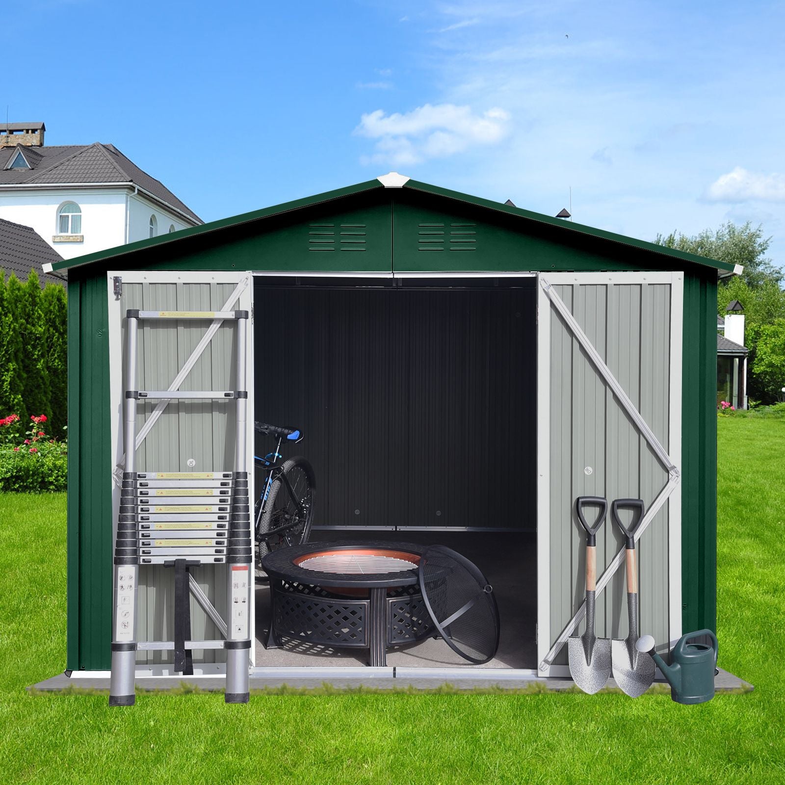 Metal garden sheds 10ft×8ft outdoor storage sheds Green + White - Discount Msrp 
