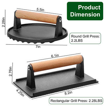 2Pcs Cast Iron Grill Press Pre-Seasoned Steak Weights Smash Burger Press Bacon Meat Smasher with Wood Handle 7in Round & 8.2x4.25in Rectangular Grill Press - Discount Msrp 