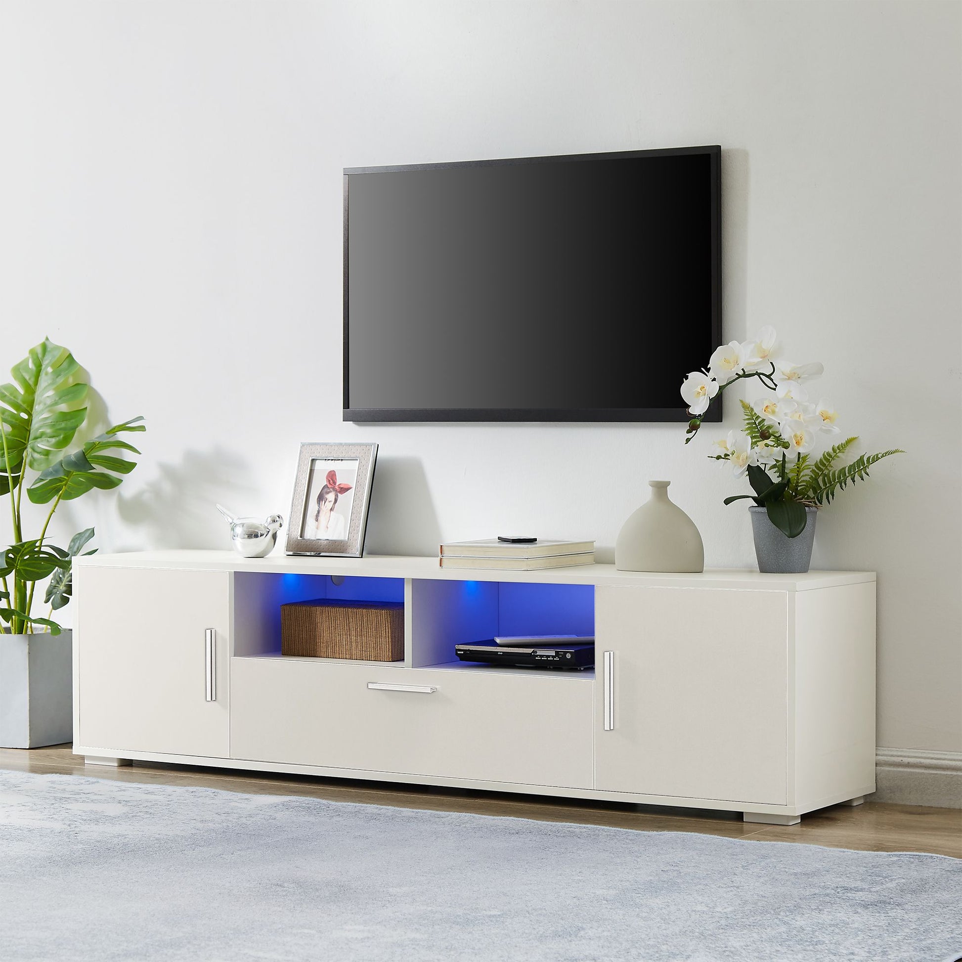 QuickassembleFashionTVstand,TVCabinet,entertainment center TV station,TVconsole,console with LED light belt, light belt can be remote control,with cabinets,open cells,for the living room,bedroom,white - Discount Msrp 
