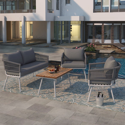 4-Piece Patio Furniture Set, Outdoor Furniture with Acacia Wood Table, Patio Conversation Set with Deep Seating & Thick Cushion for Backyard Porch Balcony - Discount Msrp 