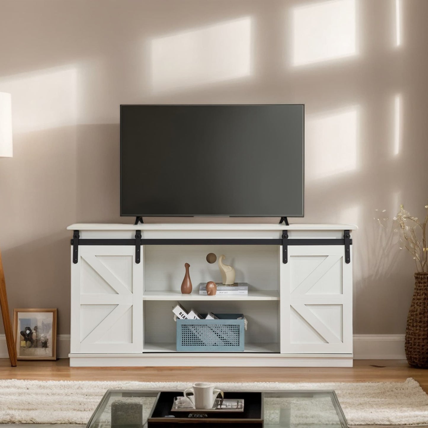 58" Farmhouse TV Stand and Entertainment Center for Televisions up to 65 Inchs,with Sliding Barn Doors and Storage Cabinets,White - Discount Msrp 