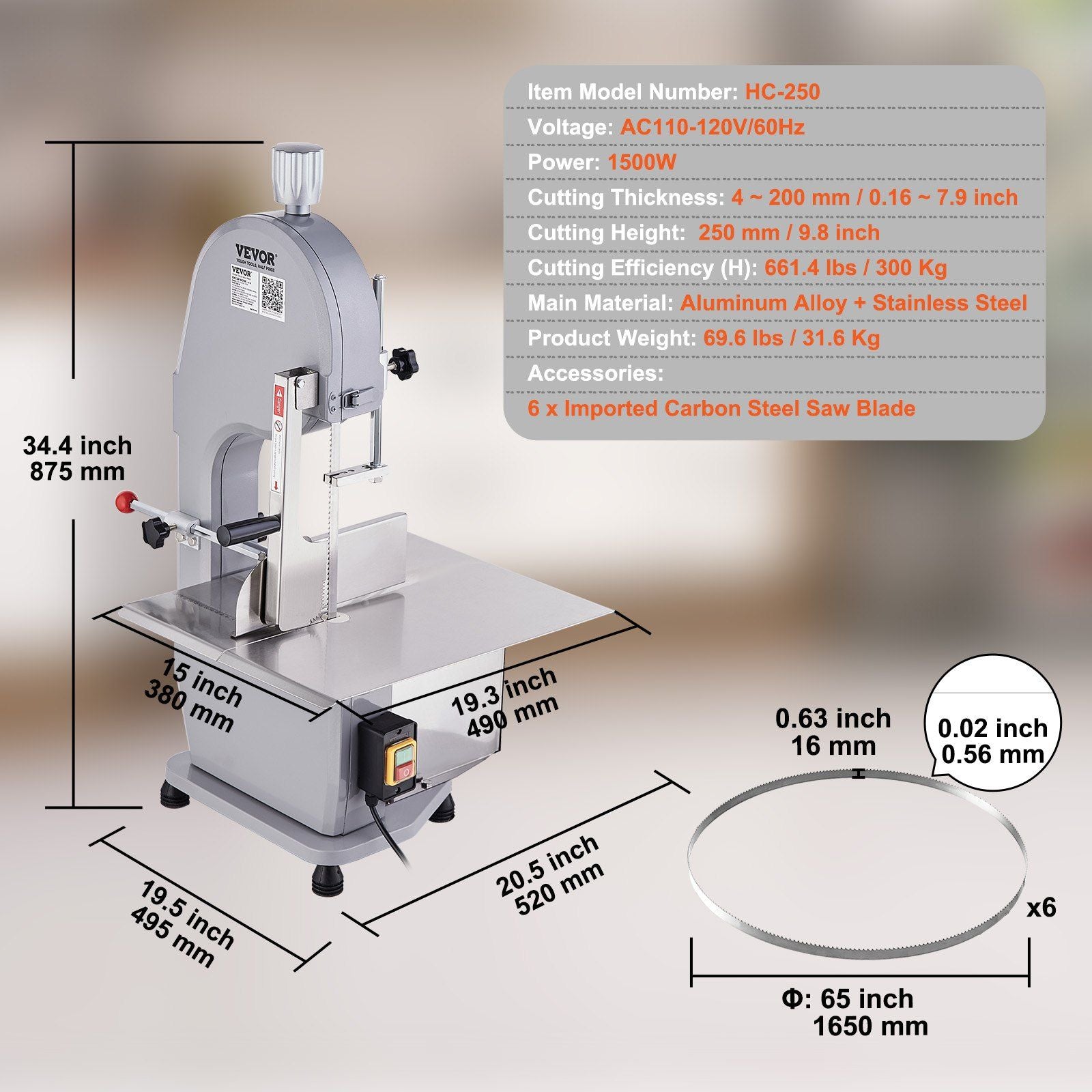 VEVOR Commercial Electric Meat Bandsaw, 1500W Stainless Steel Countertop Bone Sawing Machine, Workbeach 19.3" x 15", 0.16-7.9 Inch Cutting Thickness, Frozen Meat Cutter with 6 Blades for Rib Pork Beef - Discount Msrp 