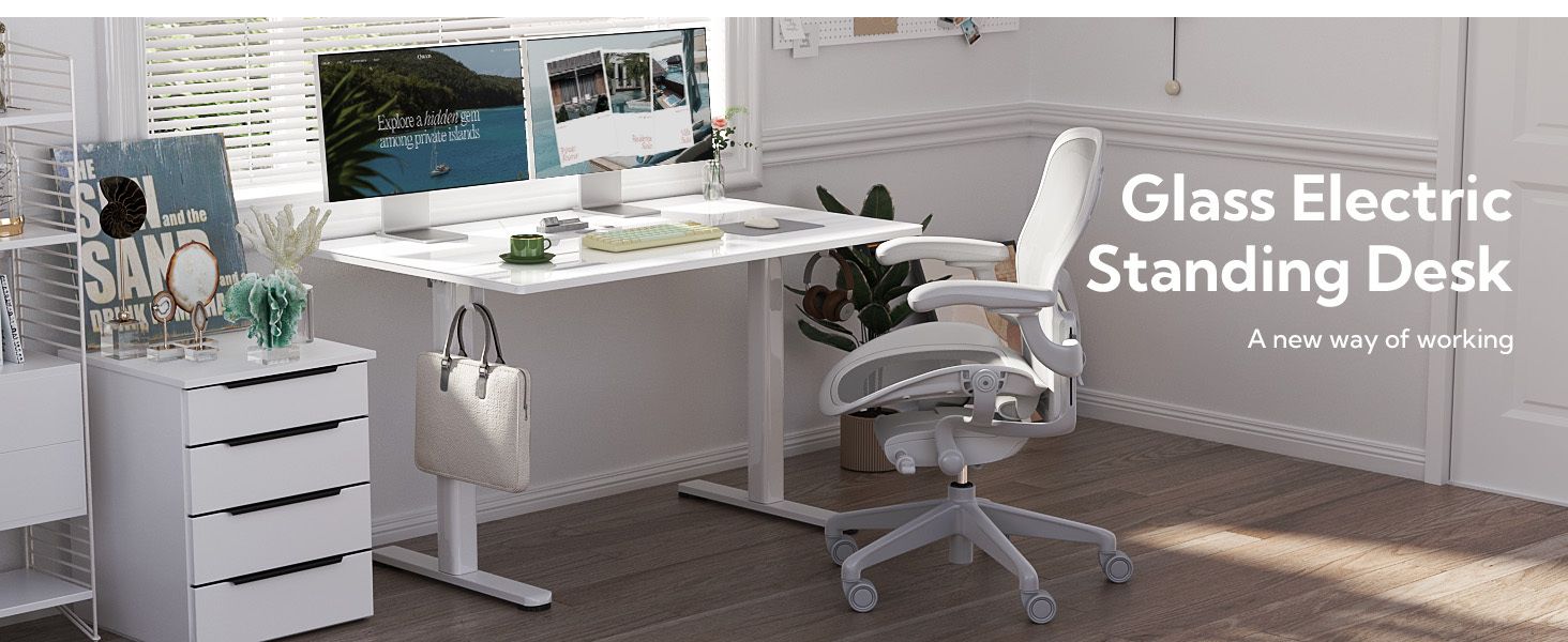 48 Inch Electric White Glass Standing Desk, Adjustable Height ,Quick Install Home Office Computer Desk, Stand Up Desk, - Discount Msrp 