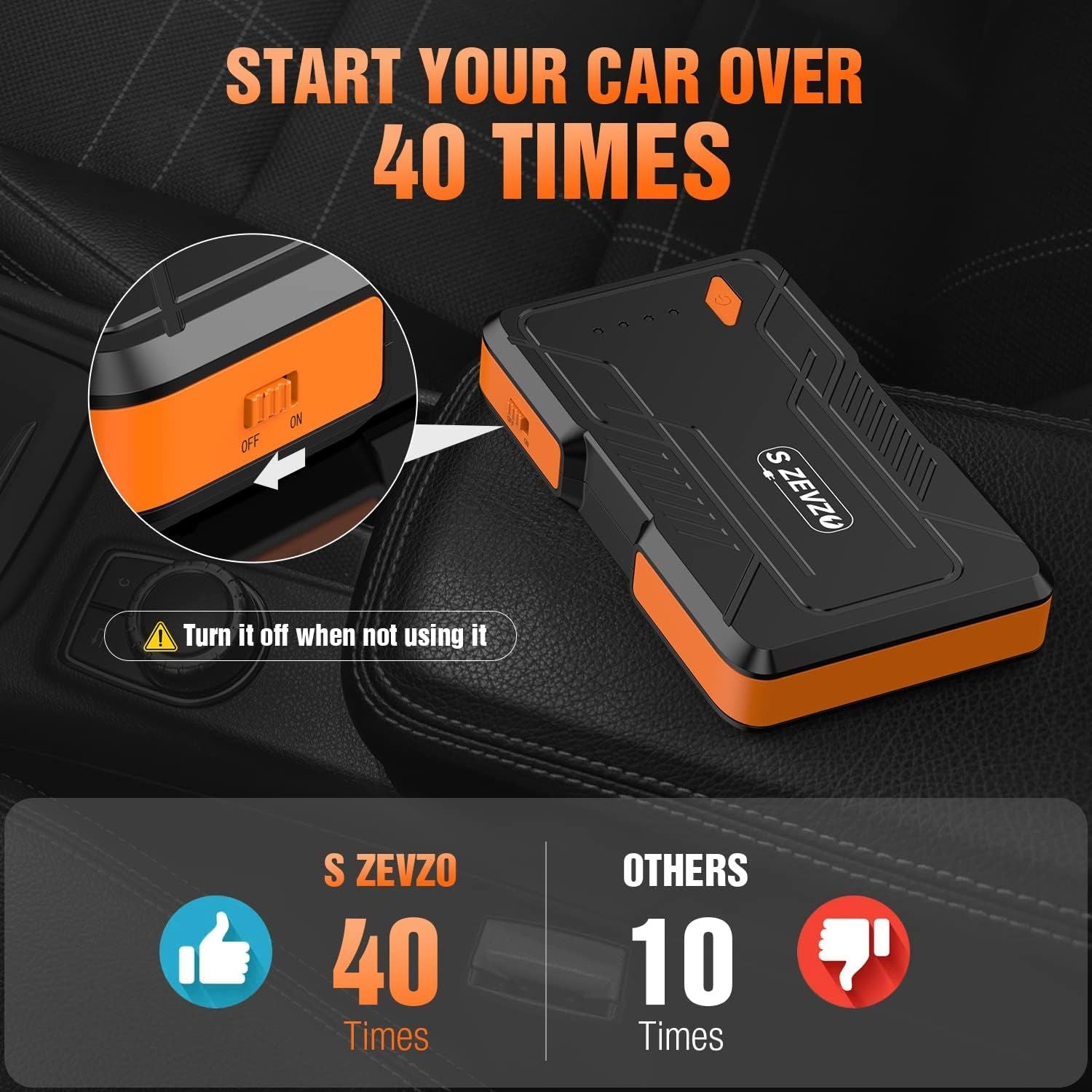 S ZEVZO Jump Starter 1000A Peak Portable Jump Starter for Car (Up to 7.0L Gas/5.5L Diesel Engine) 12V Auto Battery Booster Pack with Smart Clamp Cables, USB Charge, LED Flashlight Jump Box - Discount Msrp 