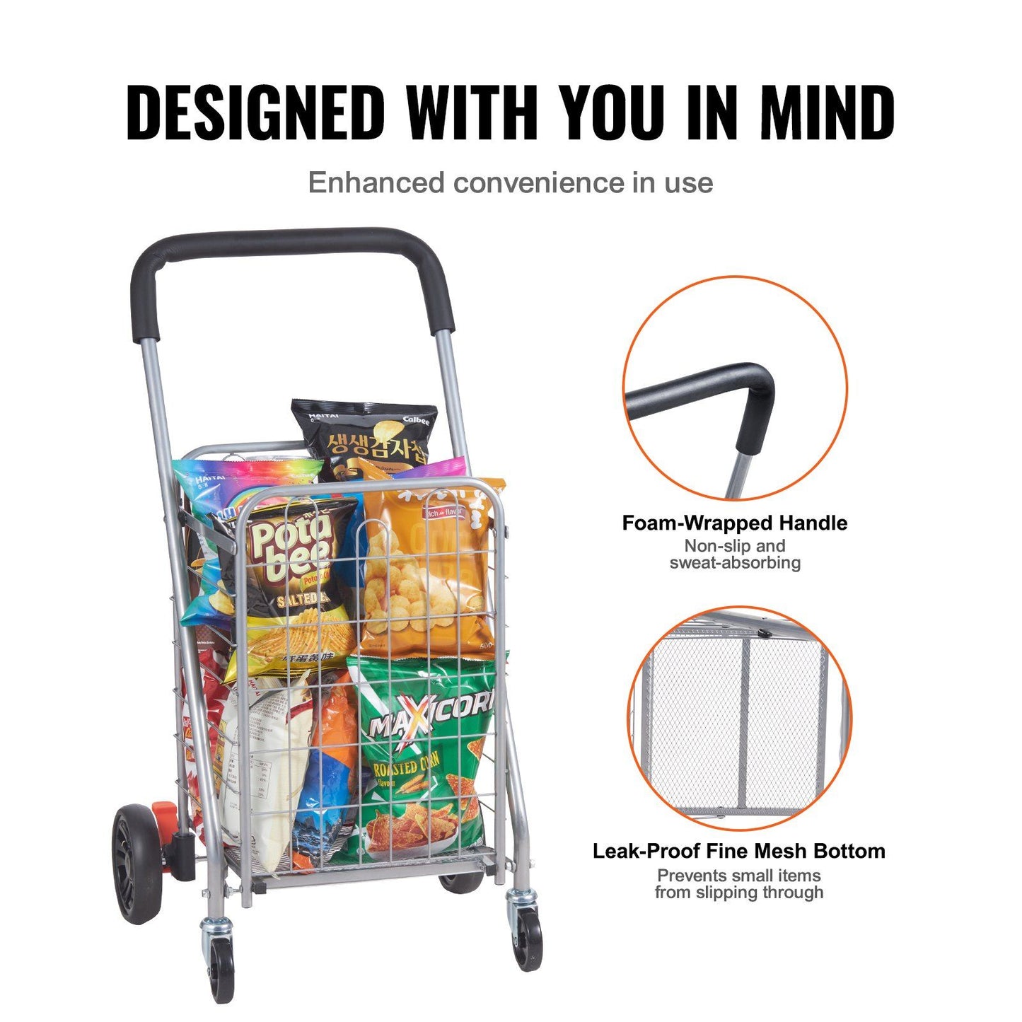 VEVOR Folding Shopping Cart, 66 lbs Max Load Capacity, Grocery Utility Cart with Rolling Swivel Wheels, Heavy Duty Foldable Laundry Basket Trolley Compact Lightweight Collapsible for Luggage, Silver - Discount Msrp 