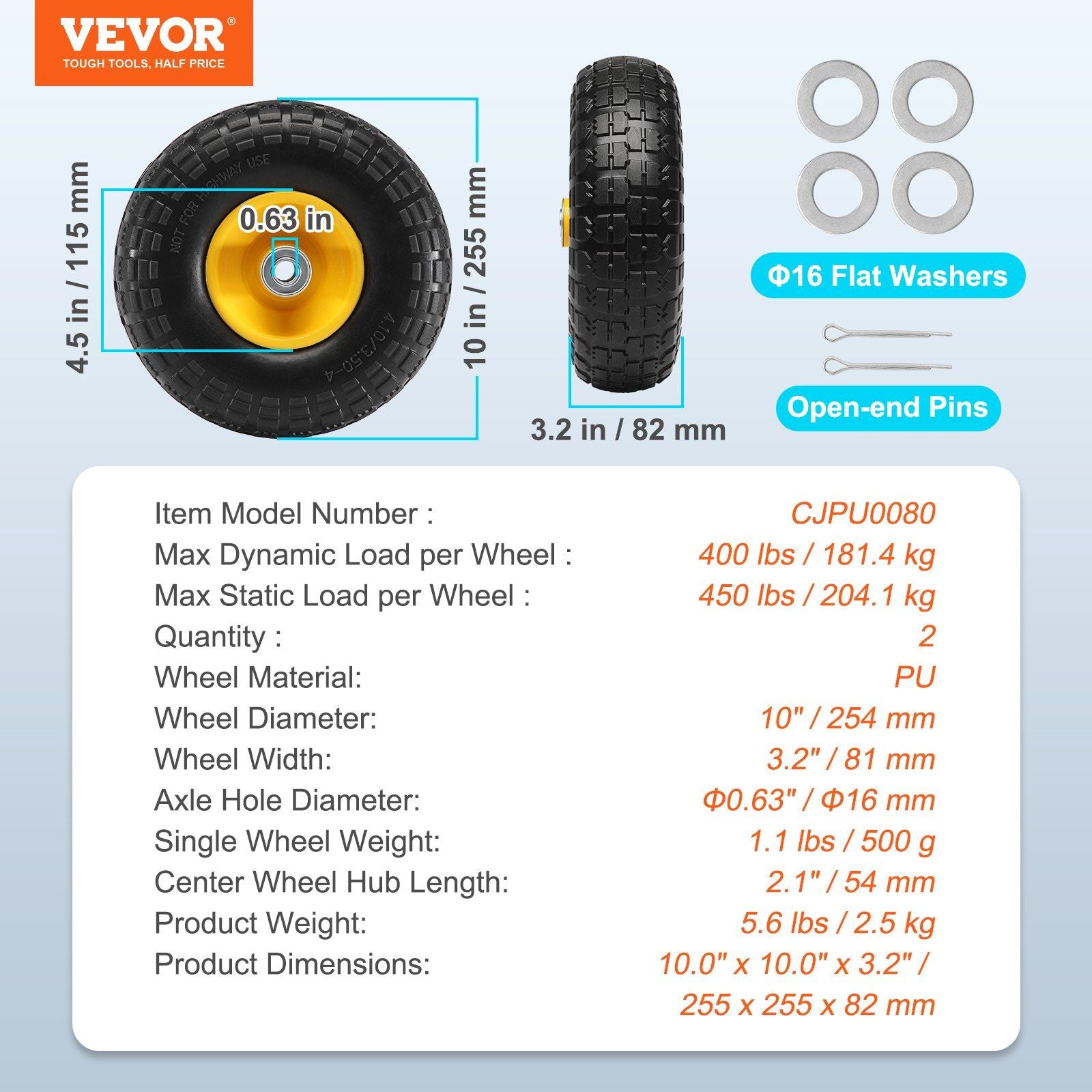 VEVOR Solid PU Run-Flat Tire Wheel, 10", 2-Pack, 400 lbs Dynamic Load, 450 lbs Static Load, Flat Free Tubeless Tires and Wheels for Hand Truck, Utility Cart, Dollies, Garden Trailers, Various Carts - Discount Msrp 