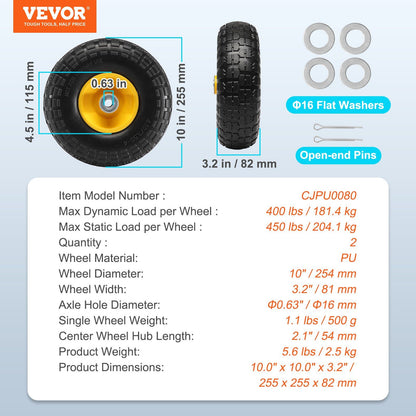VEVOR Solid PU Run-Flat Tire Wheel, 10", 2-Pack, 400 lbs Dynamic Load, 450 lbs Static Load, Flat Free Tubeless Tires and Wheels for Hand Truck, Utility Cart, Dollies, Garden Trailers, Various Carts - Discount Msrp 