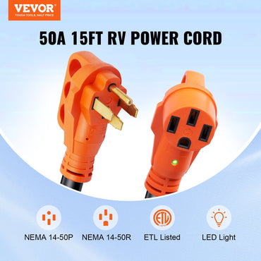 VEVOR 15 ft RV Extension Cord, 50 Amp, Heavy Duty STW RV Power Cord, NEMA 14-50R Female NEMA 14-50P Male Plug, with LED Indicator Handle 15A Adapter, for RVs, trams, generators, campers, ETL Listed - Discount Msrp 