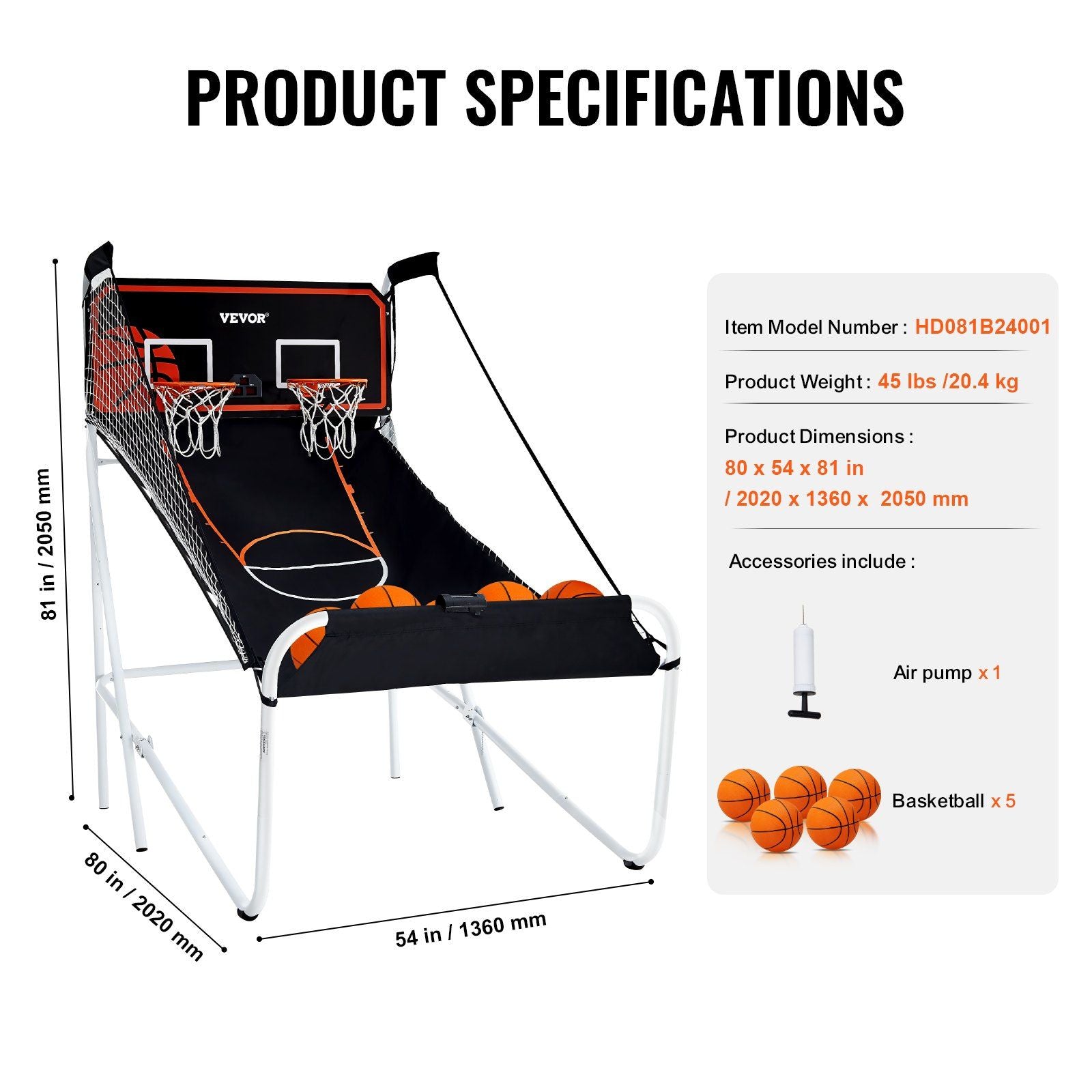 VEVOR Foldable Basketball Arcade Game, 2 Player Indoor Basketball Game, Home Dual Shot Sport with 5 Balls, 8 Game Modes, Electronic Scoreboard, and Inflation Pump, for Kids, Adults (Black & White) - Discount Msrp 