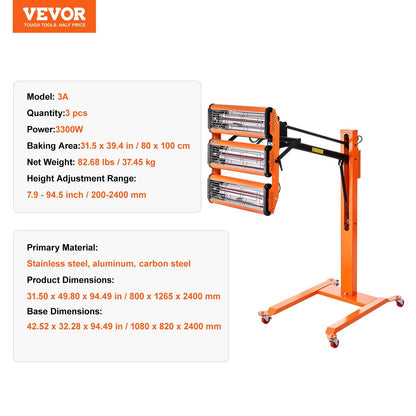 VEVOR Infrared Curing Lamp, 3300W 1-60 min Timing, Auto Heating Car Curing Light with Bracket, 8.61 sq.ft Baking Area Spray Baking Booth Heaters, Paint Dryer for On-Site Repair, Engine Drying 1 Pack - Discount Msrp 