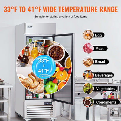 VEVOR Commercial Refrigerator 19.32 Cu.ft, Reach In 27" W Upright Refrigerator Single Door, Auto-Defrost Stainless Steel Reach-in Refrigerator & 4 Shelves, 33 to 41°F Temp Control, LED Light, 4 Wheel - Discount Msrp 