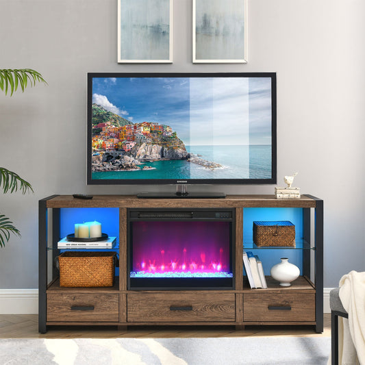 60 inch Electric Fireplace Media TV Stand With Sync Colorful LED Lights-Reclaimed Barnwood Color - Discount Msrp 