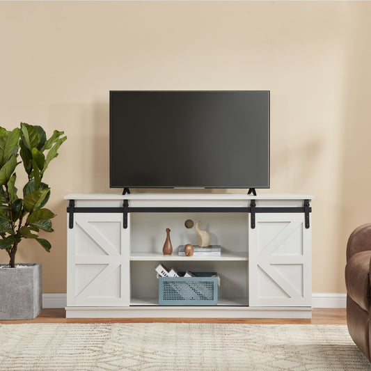 58" Farmhouse TV Stand and Entertainment Center for Televisions up to 65 Inchs,with Sliding Barn Doors and Storage Cabinets,White - Discount Msrp 