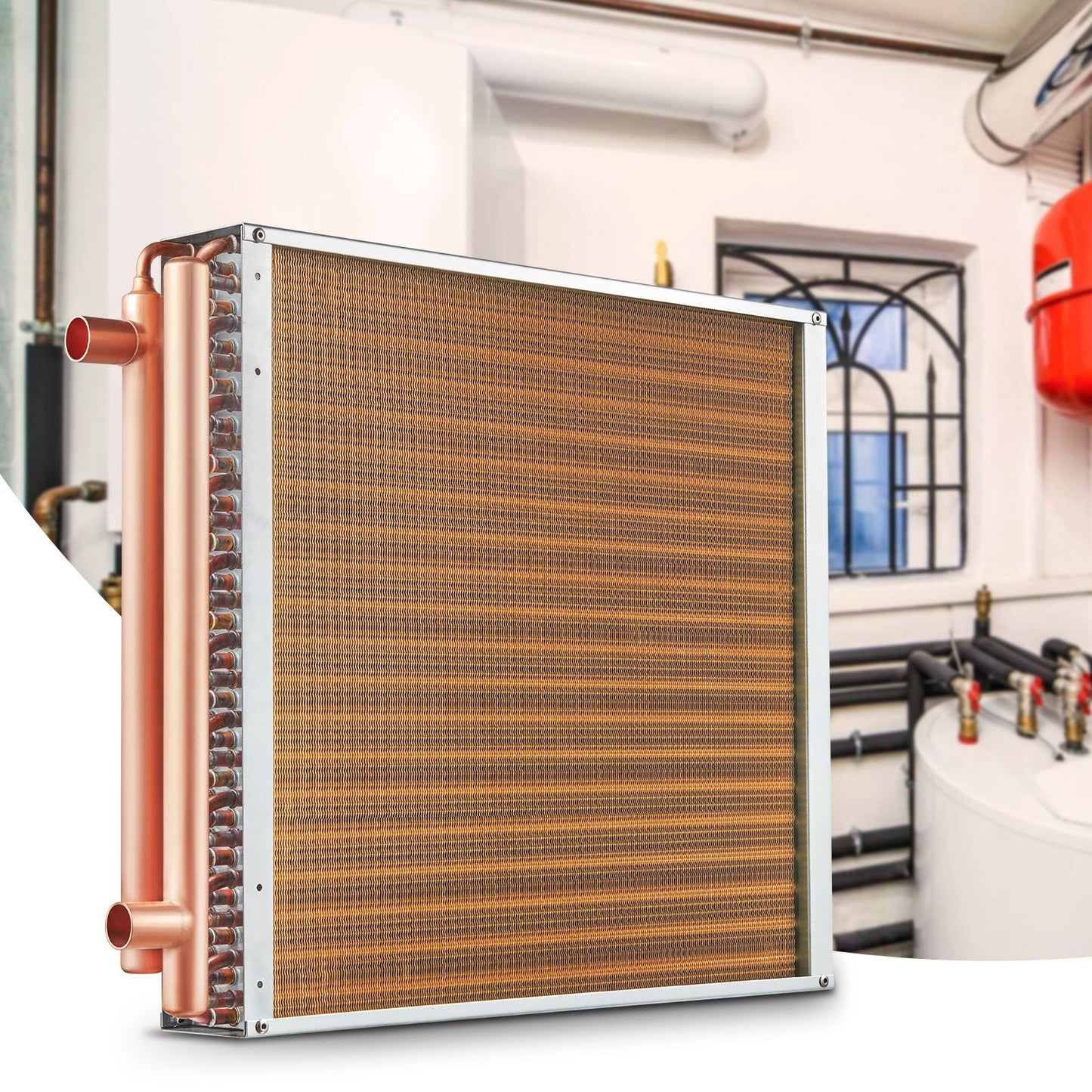VEVOR Heat Exchanger Water to Air, 20"x 20" with 3-Row 3/8" Copper Ports, 242 Aluminum Fins Heat Exchanger for Outdoor Wood Furnaces, Residential Heating and Cooling, and Forced Air Heating - Discount Msrp 