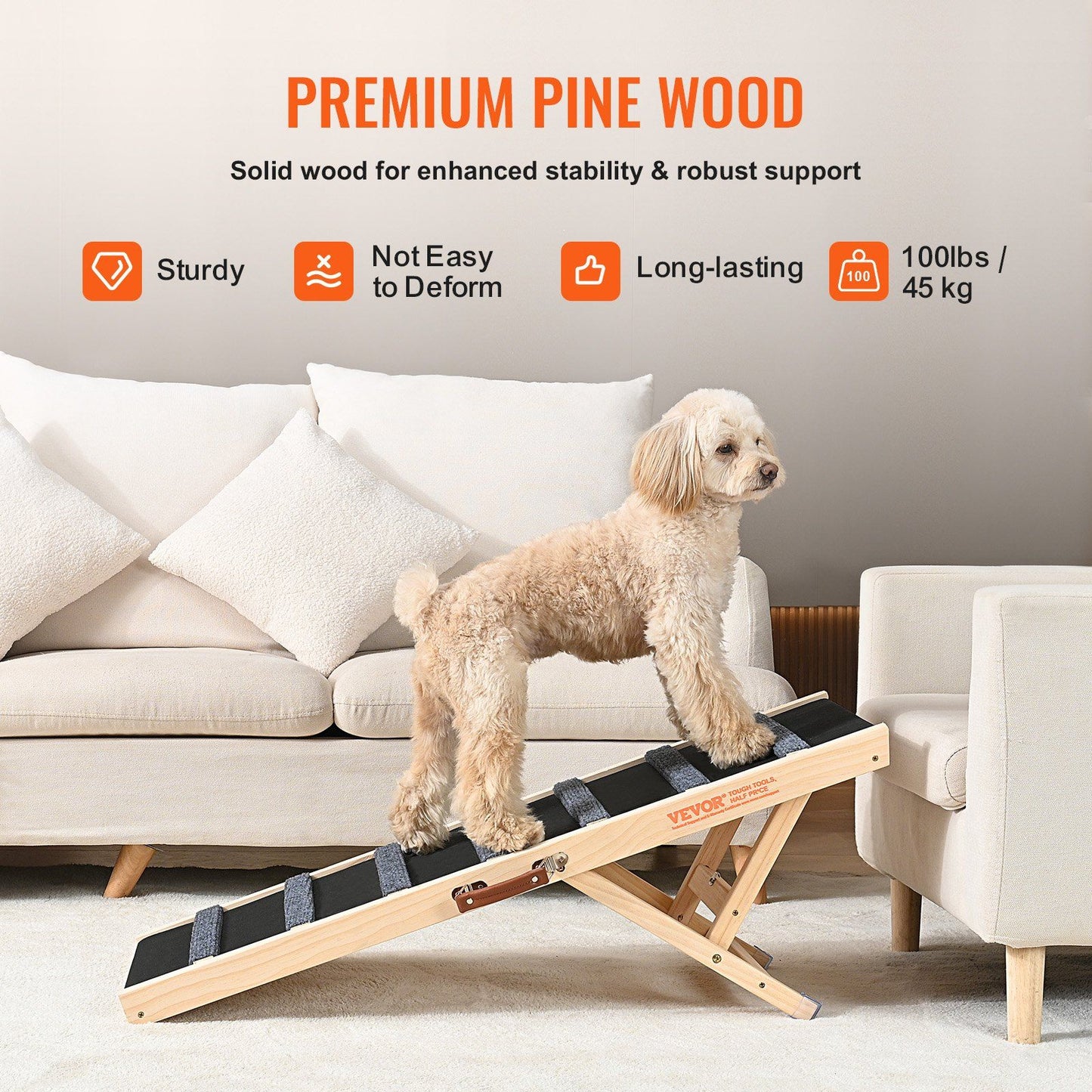 VEVOR Dog Ramp, Folding Pet Ramp for Bed, Adjustable Dog Ramp for Small, Large, Old Dogs & Cats, Wooden Pet Ramp with 39.3" Long Ramp, Adjustable from 15" to 22", Suitable for Couch, Sofa, Car - Discount Msrp 