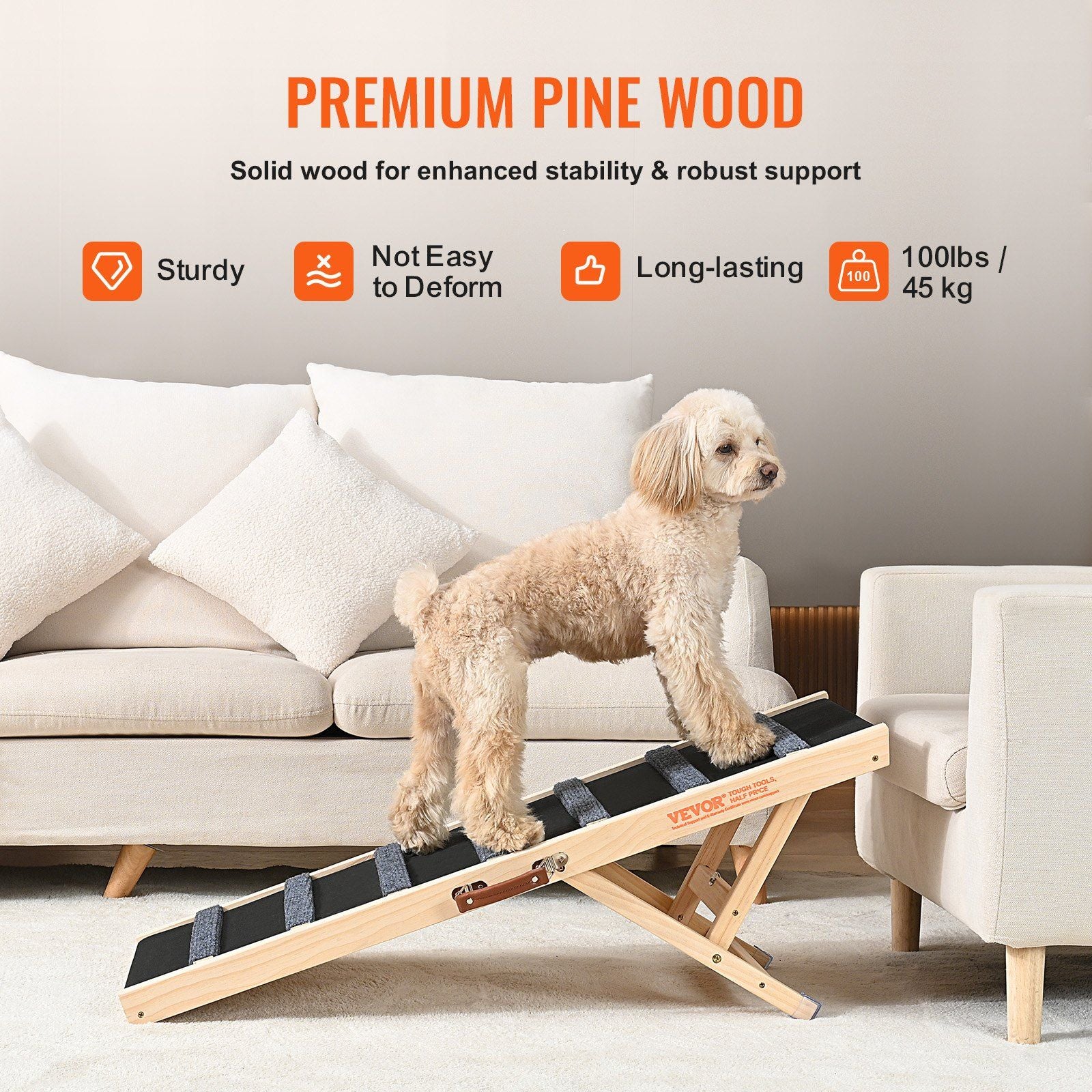 VEVOR Dog Ramp, Folding Pet Ramp for Bed, Adjustable Dog Ramp for Small, Large, Old Dogs & Cats, Wooden Pet Ramp with 39.3" Long Ramp, Adjustable from 15" to 22", Suitable for Couch, Sofa, Car - Discount Msrp 