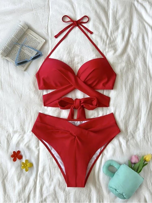 Sexy Push Up Bikini 2023 Solid High Waist Swimsuit Women Criss Cross Bandage Bikini Set Female Beachwear Bathing Suit biquini - Discount Msrp 