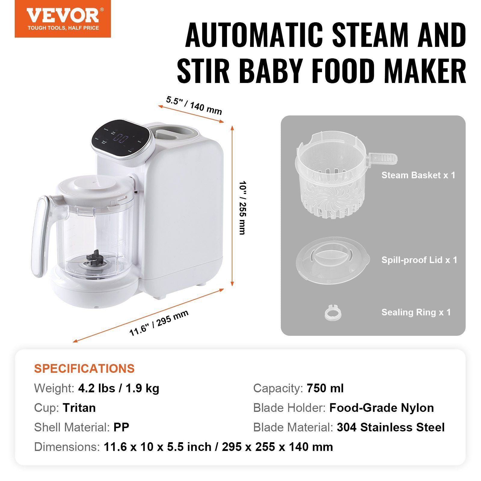 VEVOR Baby Food Maker, 430W Baby Food Processor with 750 ml Tritan Bowl, SUS304 Stainless Steel, 5 in 1 Baby Food Puree Blender Steamer Grinder for Food, Fruit, Vegetable, Meat - Discount Msrp 