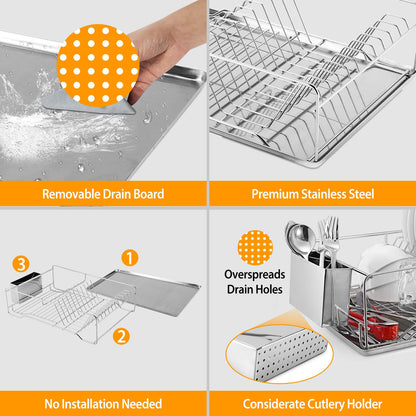Dish Drying Rack Stainless Steel Dish Rack w/ Drainboard Cutlery Holder Kitchen Dish Organizer - Discount Msrp 