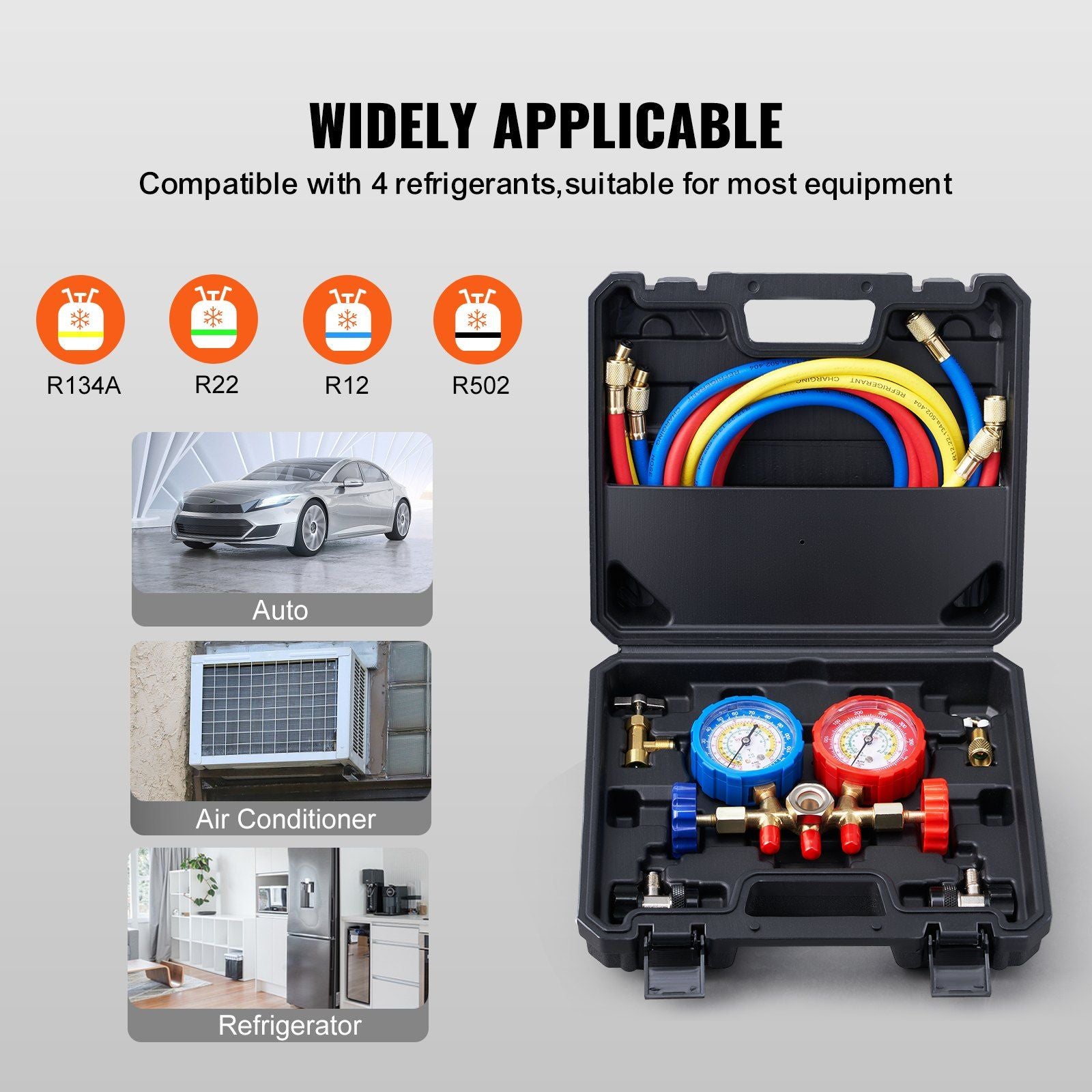 VEVOR AC Gauge Set - 3 Way AC Manifold Gauge Set for R134A R22 R12 R502 Refrigerant, Freon Gauges with 5ft Hoses, Couplers, Can Tap Works on Car Auto Freon Charging and Evacuation - Discount Msrp 