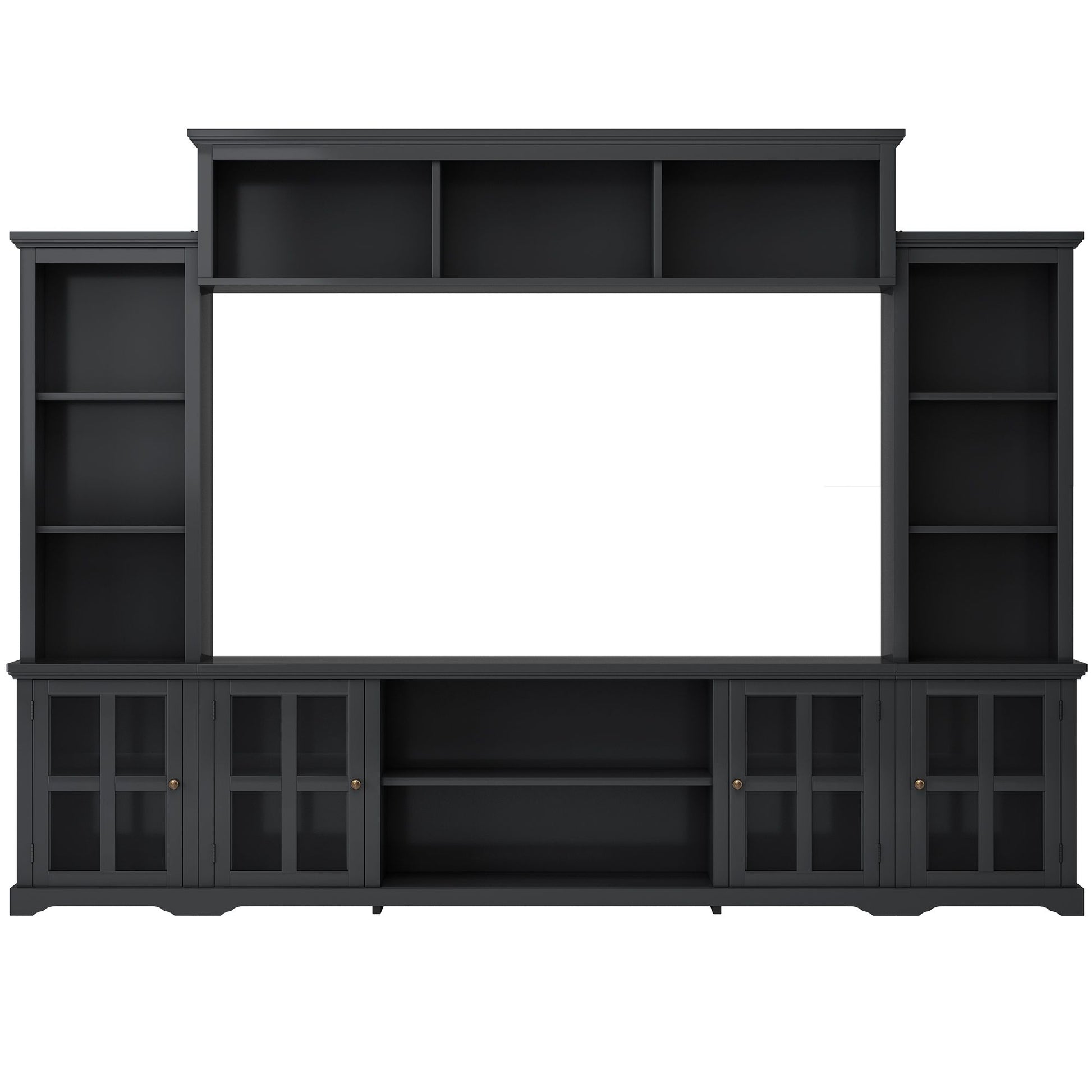 [VIDEO provided] ON-TREND Minimalism Entertainment Wall Unit with Bridge, Modern TV Console Table for TVs Up to 70", Multifunctional TV Stand with Tempered Glass Door, Black (Old SKU: SD000009AAB) - Discount Msrp 