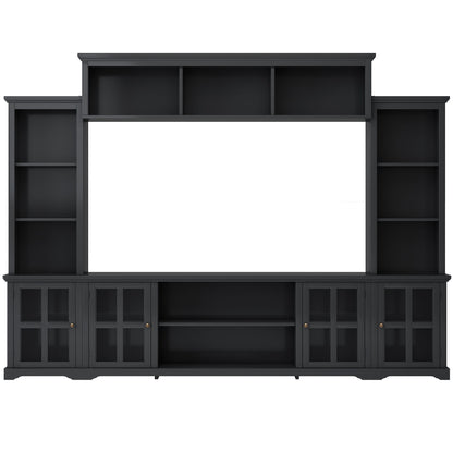 [VIDEO provided] ON-TREND Minimalism Entertainment Wall Unit with Bridge, Modern TV Console Table for TVs Up to 70", Multifunctional TV Stand with Tempered Glass Door, Black (Old SKU: SD000009AAB) - Discount Msrp 