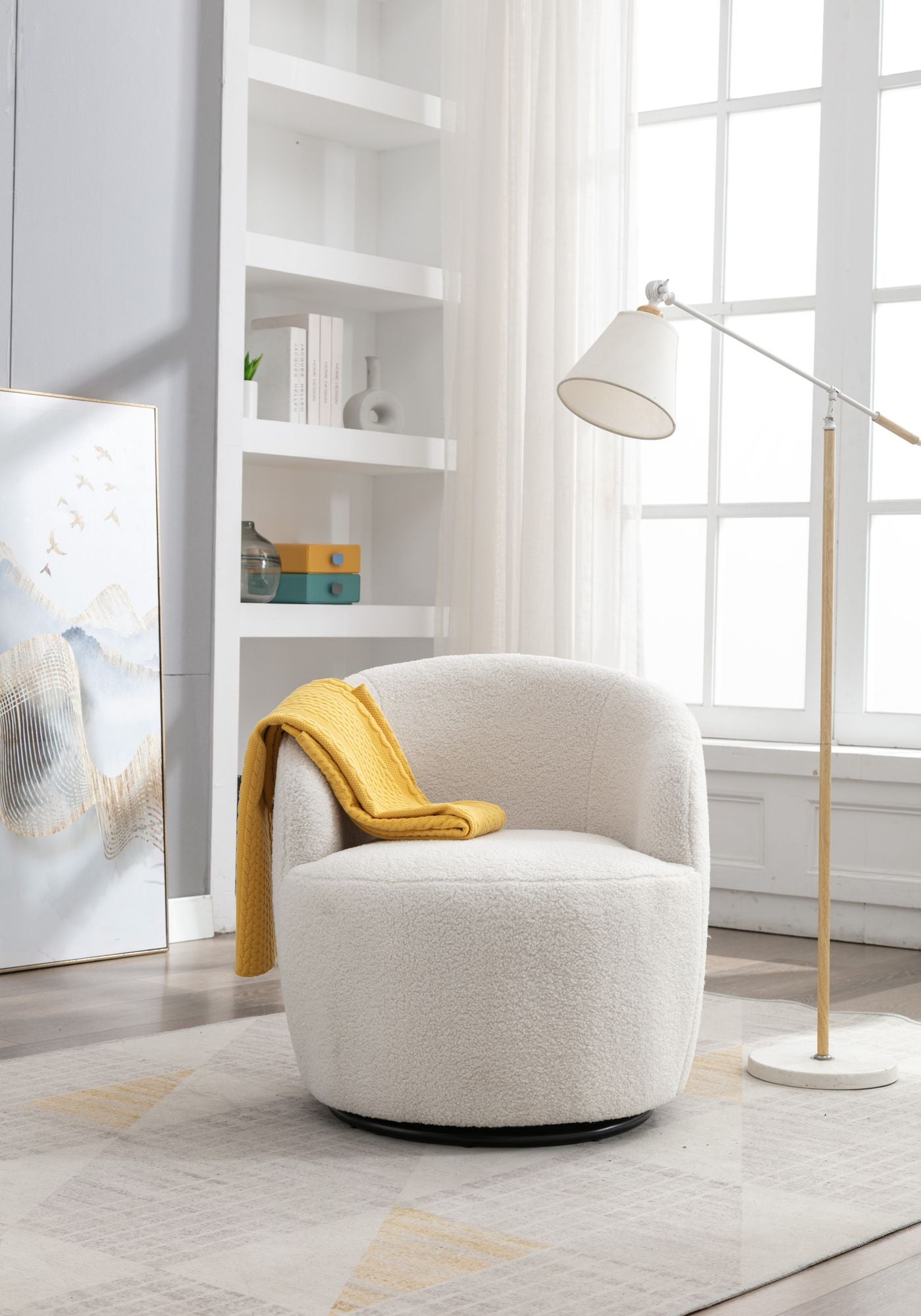 Teddy Fabric Swivel Accent Armchair Barrel Chair With Black Powder Coating Metal Ring,Ivory White - Discount Msrp 
