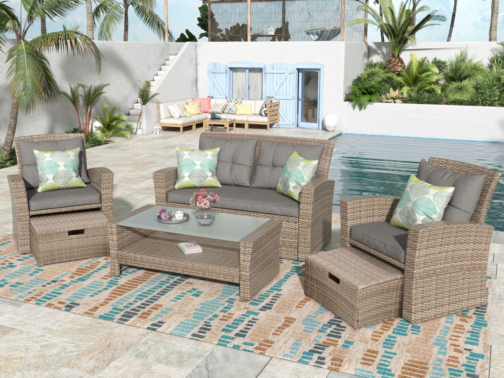 Patio Furniture Set; 4 Piece Outdoor Conversation Set All Weather Wicker Sectional Sofa with Ottoman and Cushions - Discount Msrp 
