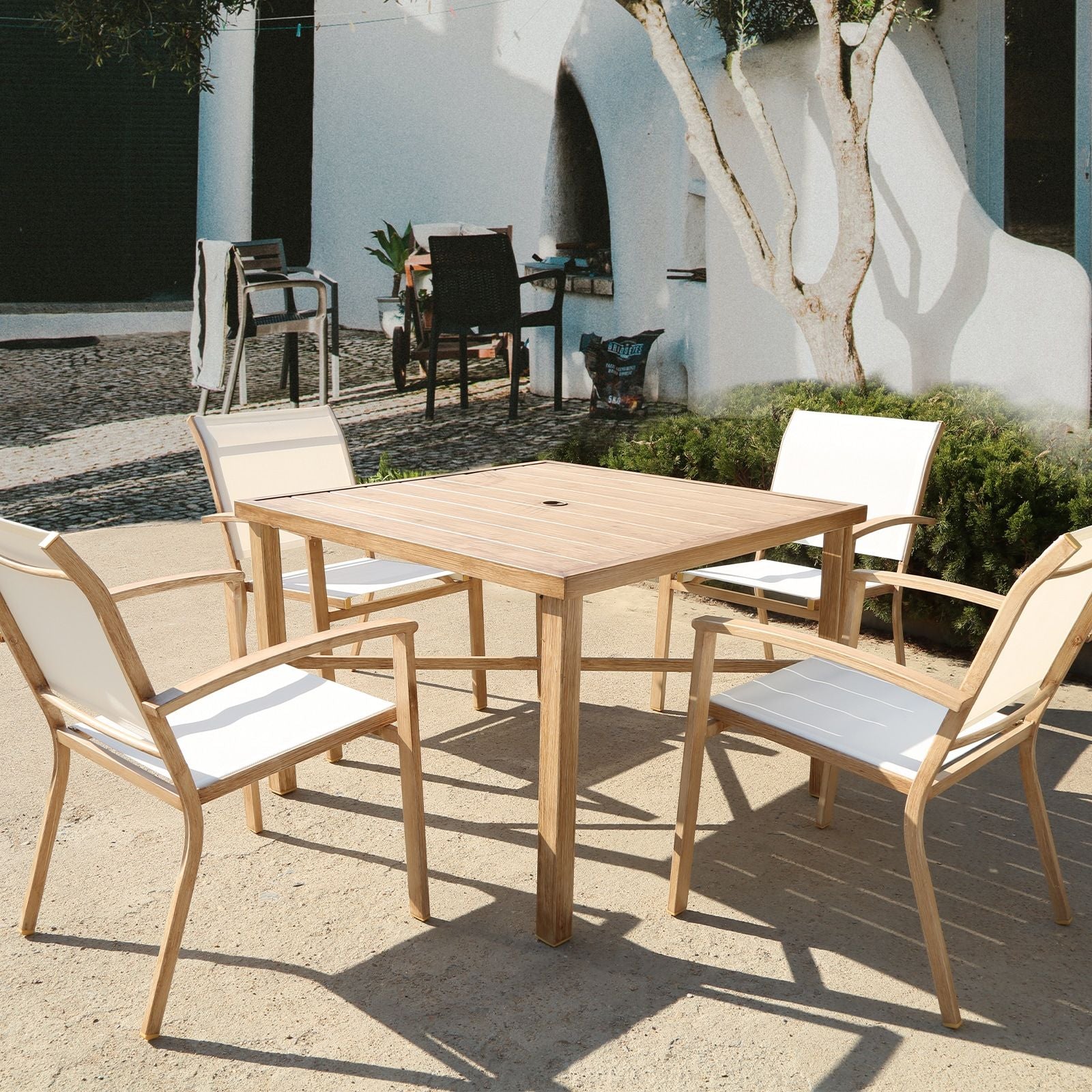 Set of 4 Outdoor Patio Chairs, Integrated Stackable Wrought Iron Furniture Dining Chairs with Arms, Textilene Fabric Indoor Outdoor Chairs for Porch, Yard, Lawn, Garden - Discount Msrp 