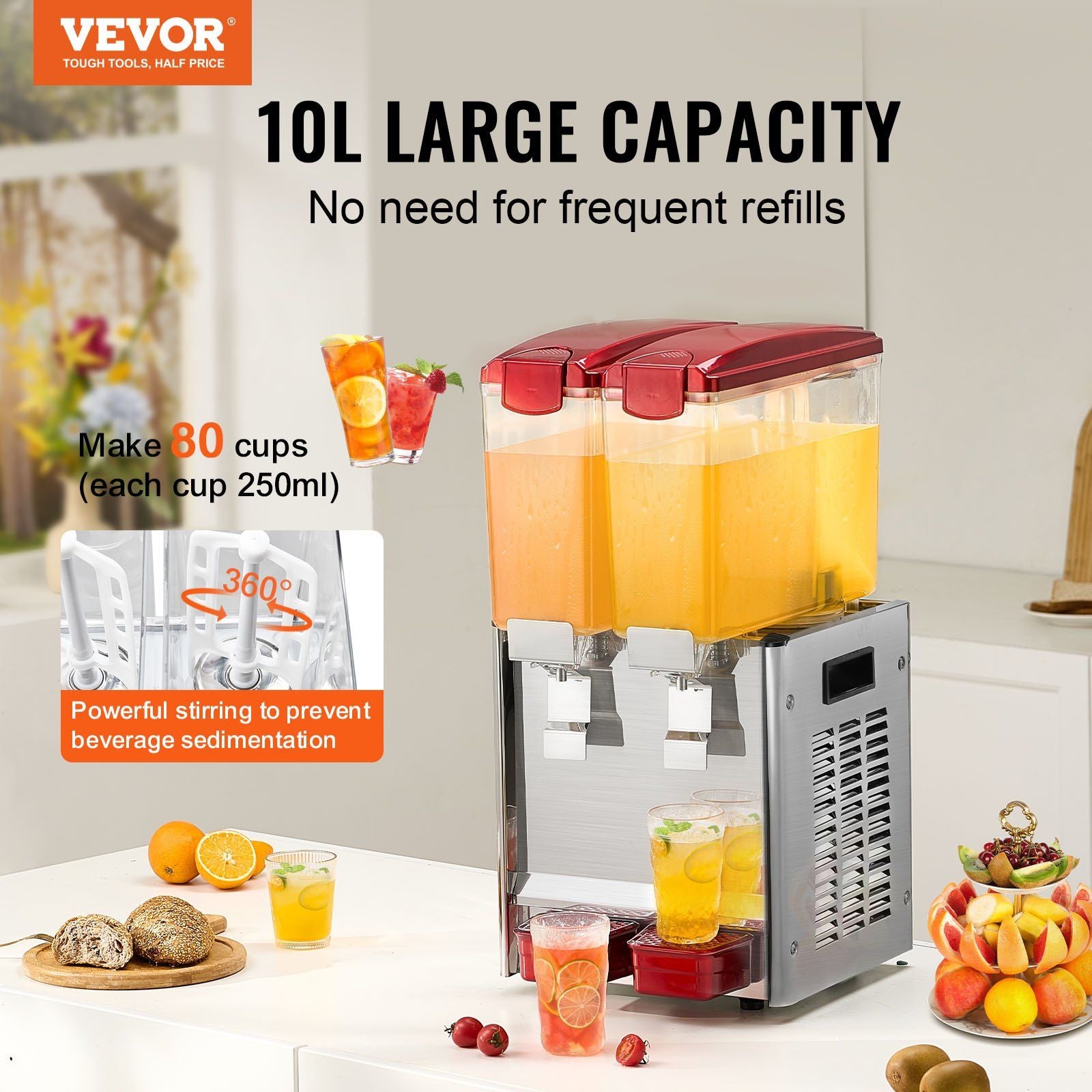 VEVOR Commercial Beverage Dispenser 10L x 2 Tanks Cold Juice Ice Drink Dispenser - Discount Msrp 