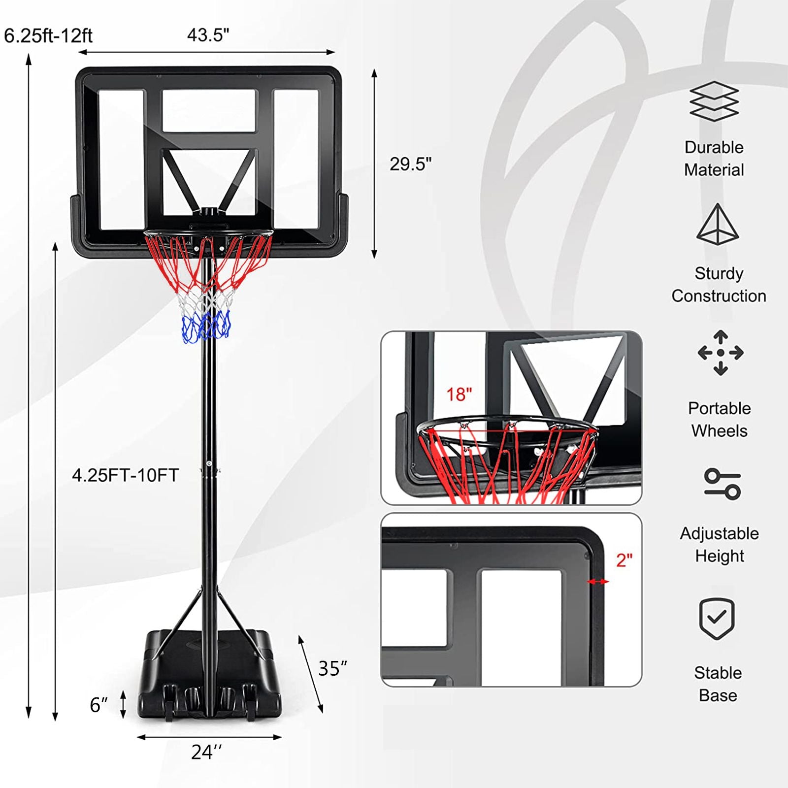 Portable Basketball Hoop Outdoor, 4.25FT-10FT Height Adjustable Basketball Goal, Shatterproof Backboard, Built-in Wheels, Basketball Stand - Discount Msrp 