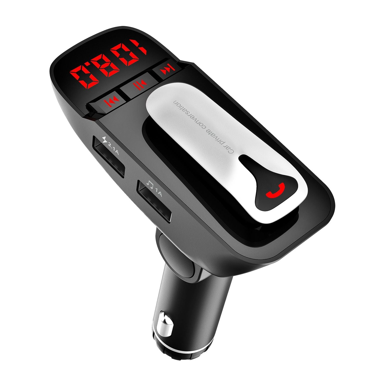 Car FM Transmitter w/ Wireless Earpiece 2 USB Charge Ports Hands-free Call MP3 Player - Discount Msrp 