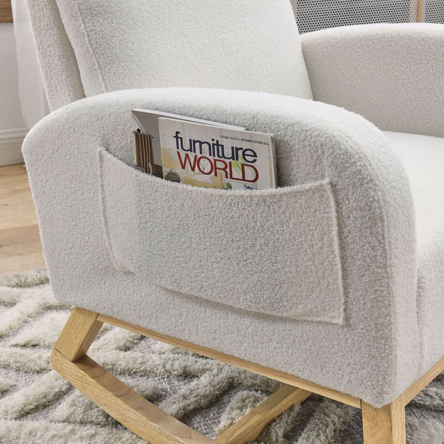 [Video] Welike 27.6"W Modern Accent High Backrest Living Room Lounge Arm Rocking Chair, Two Side Pocket ,Teddy White (Ivory) - Discount Msrp 