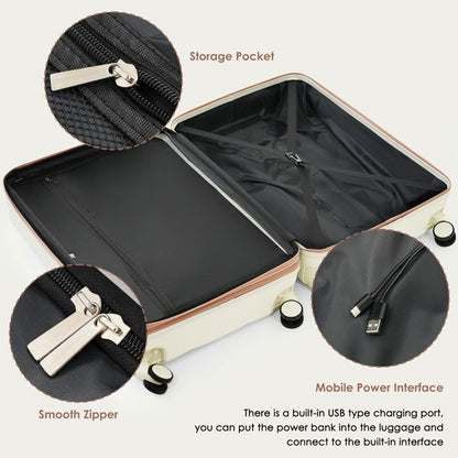 Luggage Sets 3 Piece, 20-inch with USB Port and front opening design, ABS Hard Shell Luggage with Spinner Wheels, Cup Holder, white - Discount Msrp 