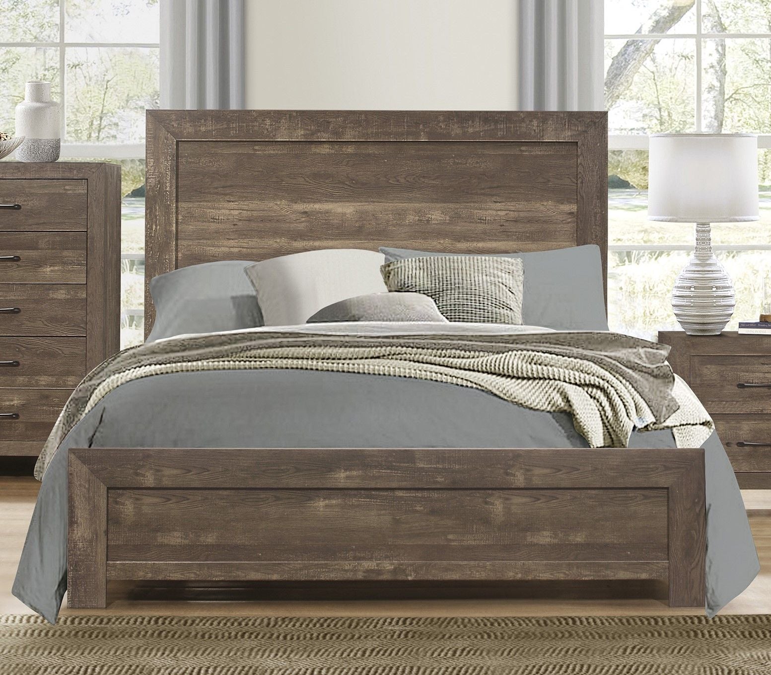 Rustic Brown Finish Full Size Panel Bed Wooden Bedroom Furniture 1pc, Bed in a Box - Discount Msrp 