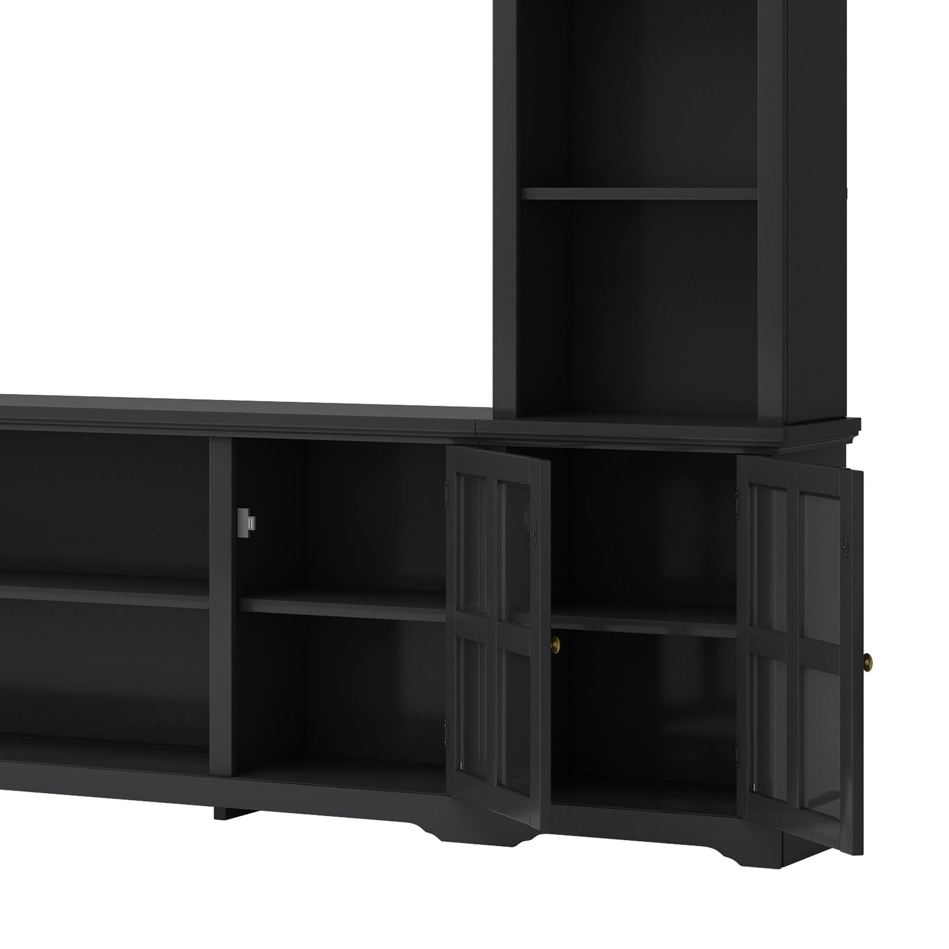 [VIDEO provided] ON-TREND Minimalism Entertainment Wall Unit with Bridge, Modern TV Console Table for TVs Up to 70", Multifunctional TV Stand with Tempered Glass Door, Black (Old SKU: SD000009AAB) - Discount Msrp 