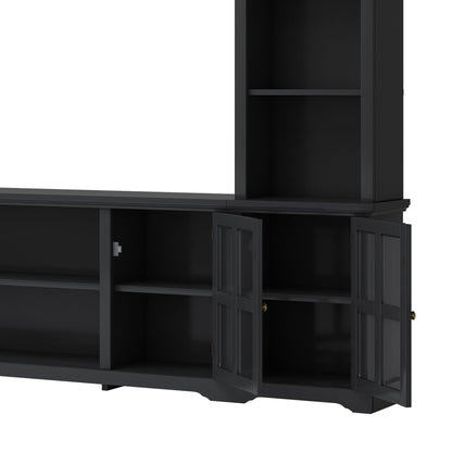 [VIDEO provided] ON-TREND Minimalism Entertainment Wall Unit with Bridge, Modern TV Console Table for TVs Up to 70", Multifunctional TV Stand with Tempered Glass Door, Black (Old SKU: SD000009AAB) - Discount Msrp 