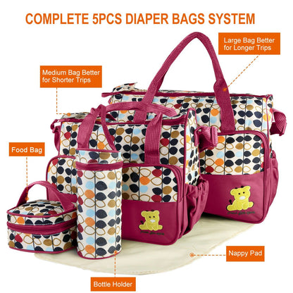 5PCS Baby Nappy Diaper Bags Set Mummy Diaper Shoulder Bags w/ Nappy Changing Pad Insulated Pockets Travel Tote Bags - Discount Msrp 