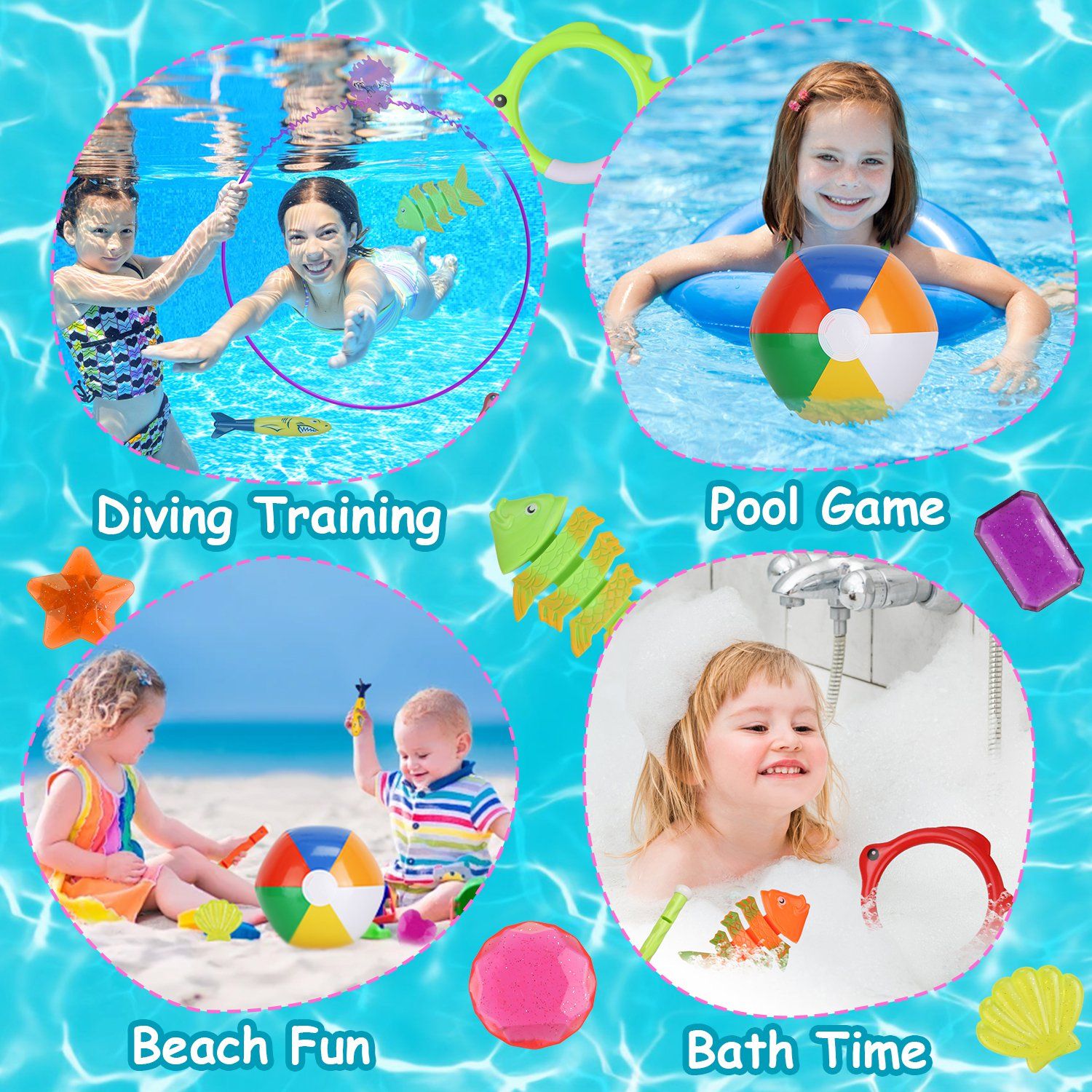 24Pcs Diving Toys Swimming Pool Toys Swim Toys for Kids Aged 3+ Years Old Swim Thru Rings Torpedoes Gems Volleyball Storage Bag - Discount Msrp 