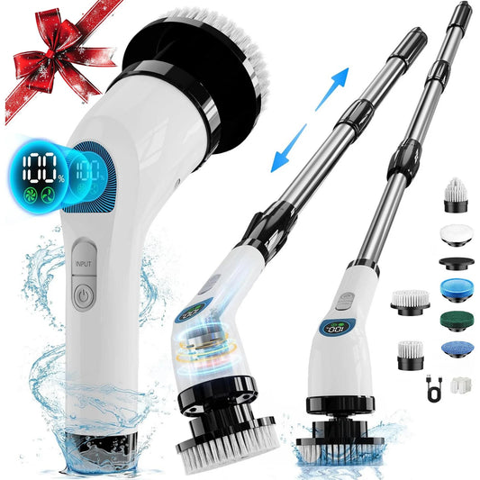Electric Spin Scrubber,Cordless Cleaning Brush, Extendable Handle, 7 Replaceable Heads,White - Discount Msrp 