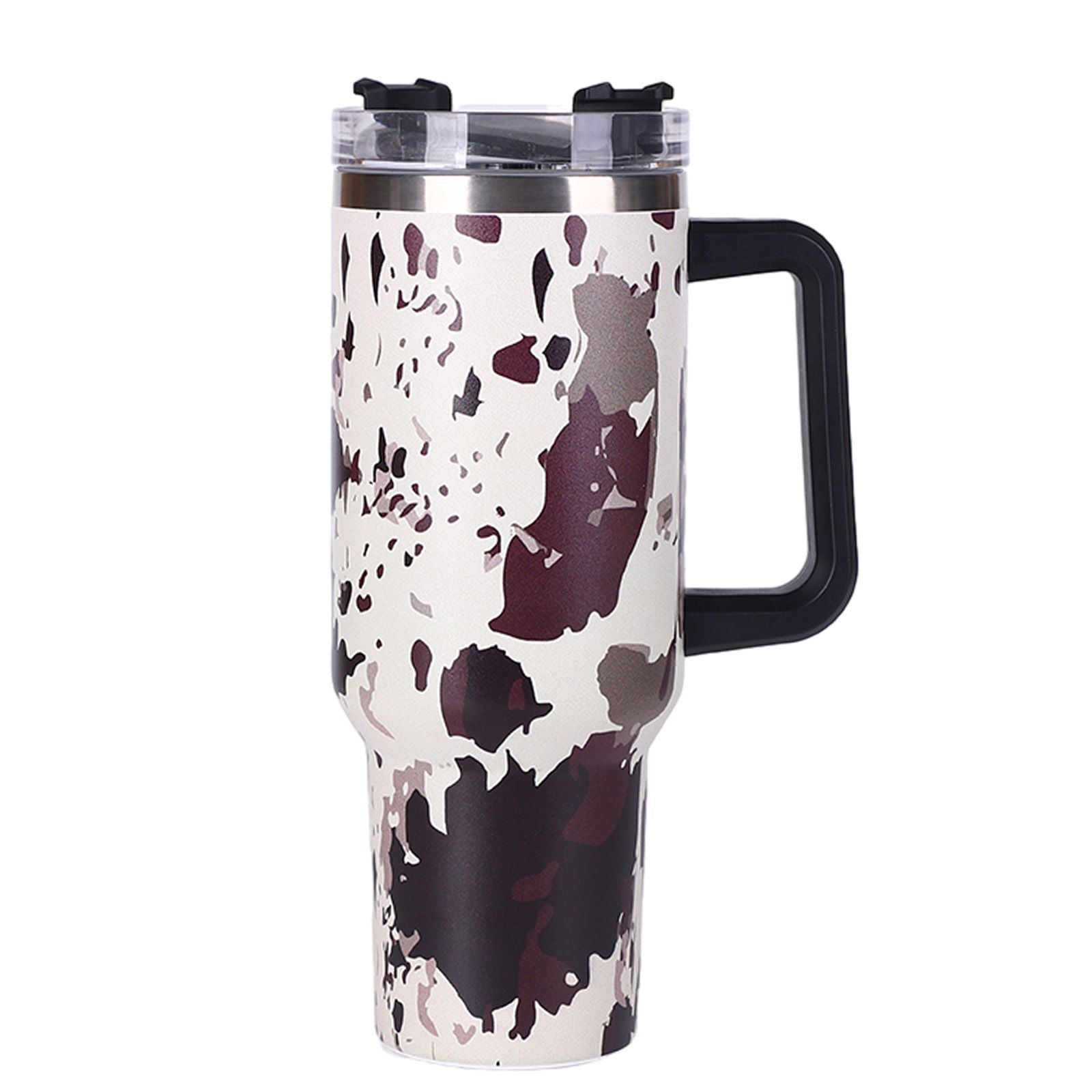 40oz 5D cowprint Insulated Tumbler With Handle And Straw Lid Portable Large Capacity water bottle, Heat preservation,304 Stainless Steel Cup For Outdoor Sports, Travel & Camping Birthday Gift - Discount Msrp 