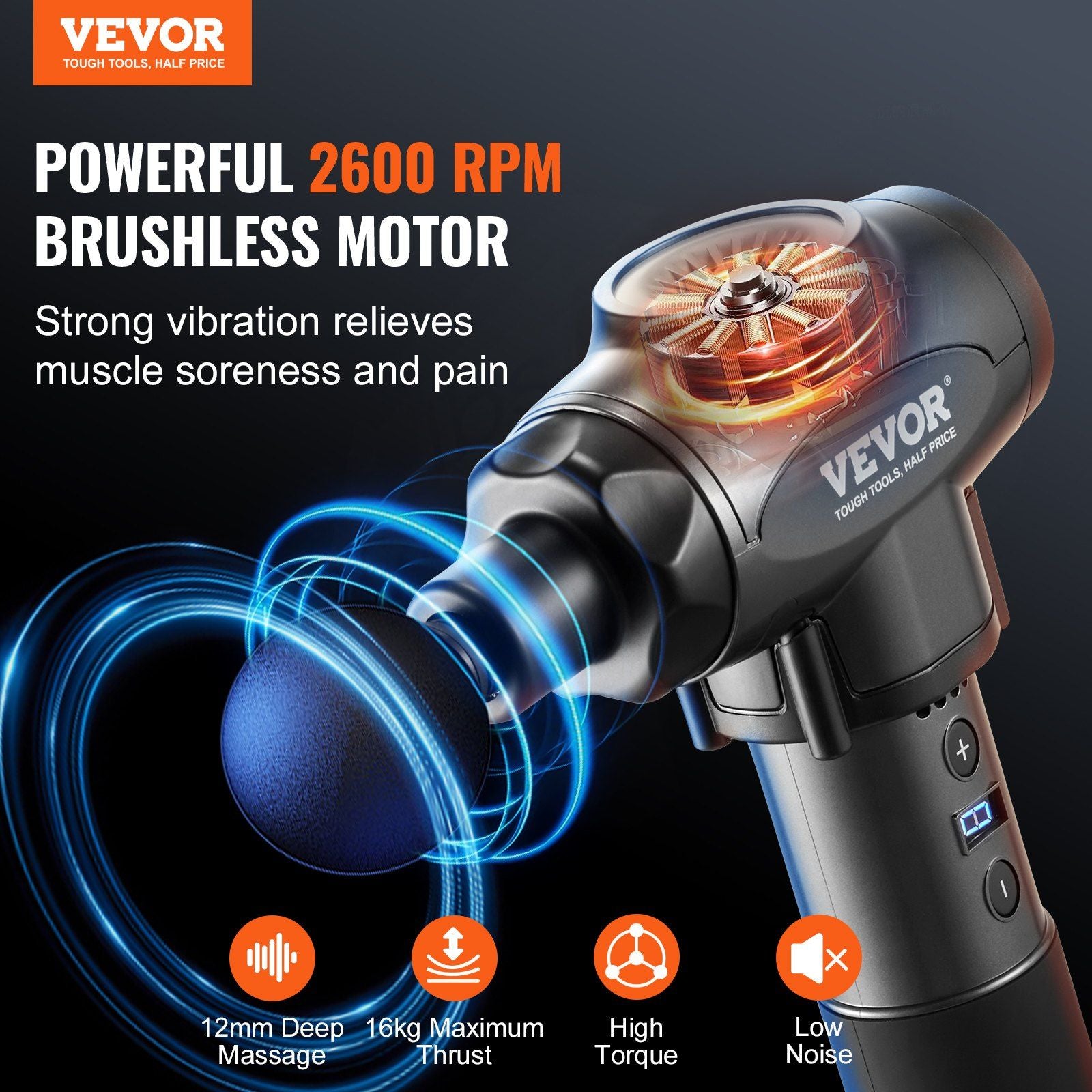 VEVOR Massage Gun Deep Tissue with 9 Speed Levels & 6 Massage Heads, 24V 2500mAh Batteries, Percussion Muscle Massager for Athletes, Handheld Electric Massage Gun for Pain Relief, Muscle Relaxation - Discount Msrp 