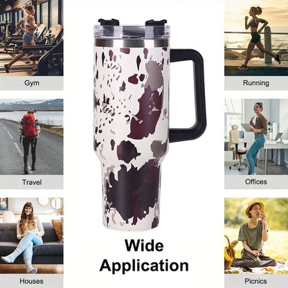40oz 5D cowprint Insulated Tumbler With Handle And Straw Lid Portable Large Capacity water bottle, Heat preservation,304 Stainless Steel Cup For Outdoor Sports, Travel & Camping Birthday Gift - Discount Msrp 