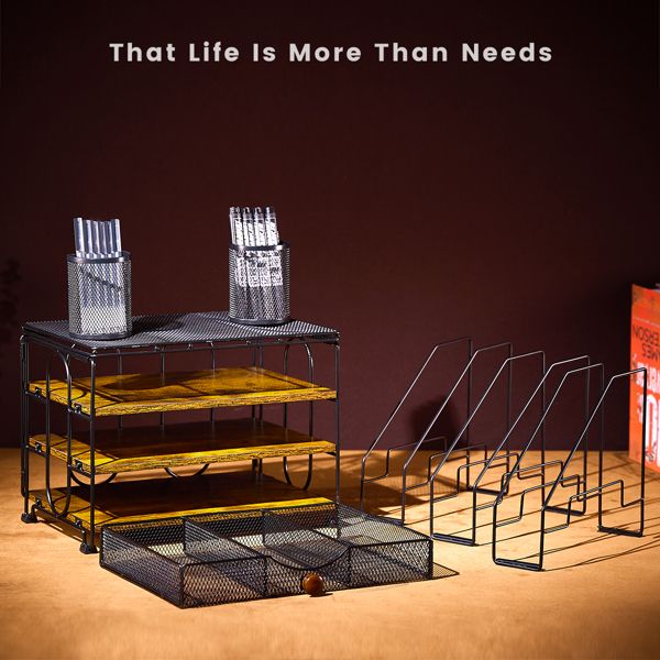 Desktop organizer with file rack, 3-layer paper letter tray organizer with drawers and 2 pen holder, mesh desktop organizer and office supplies storage with magazine rack (black) - Discount Msrp 