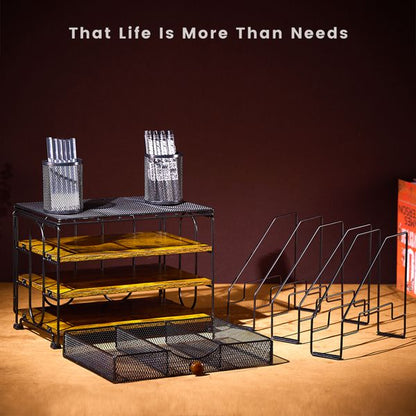 Desktop organizer with file rack, 3-layer paper letter tray organizer with drawers and 2 pen holder, mesh desktop organizer and office supplies storage with magazine rack (black) - Discount Msrp 