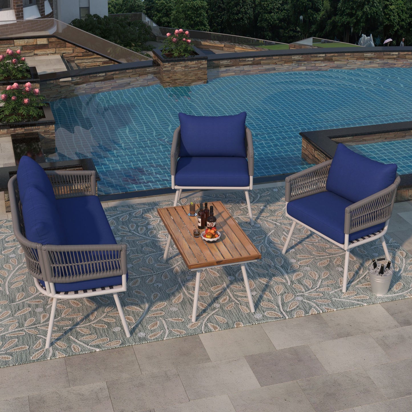 4-Piece Patio Furniture Set, Outdoor Furniture with Acacia Wood Table, Patio Conversation Set with Deep Seating & Thick Cushion for Backyard Porch Balcony - Discount Msrp 